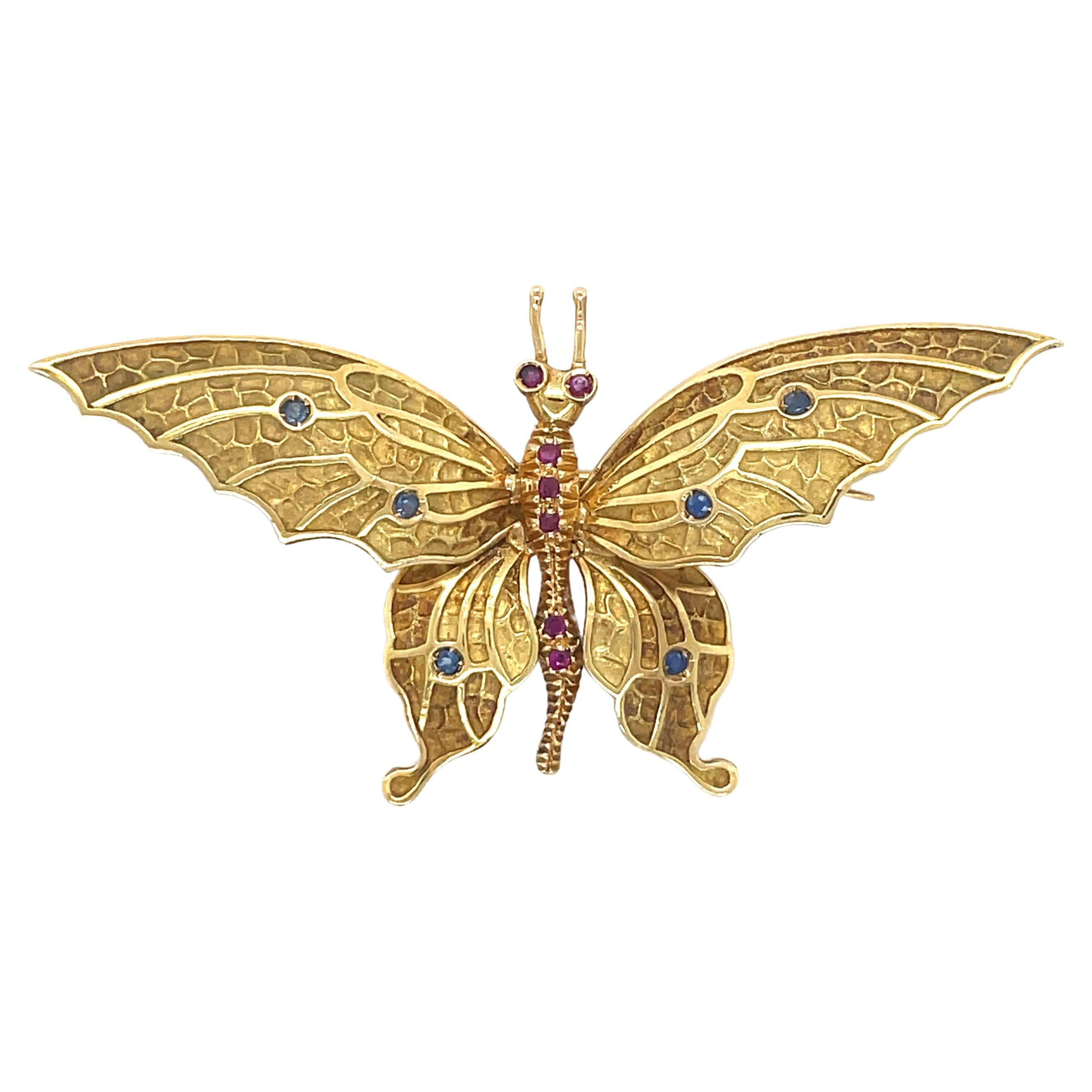Schmetterlingsbrosche von Tiffany & Co. aus 18 Karat Gelbgold, Saphir und Rubin