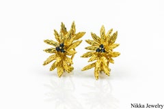 Vintage Tiffany & Co. 18K Yellow Gold Sapphire Floral Starburst Clip Earrings