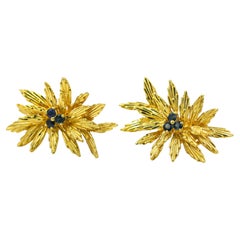 Vintage Tiffany & Co. 18K Yellow Gold Sapphire Floral Starburst Clip Earrings