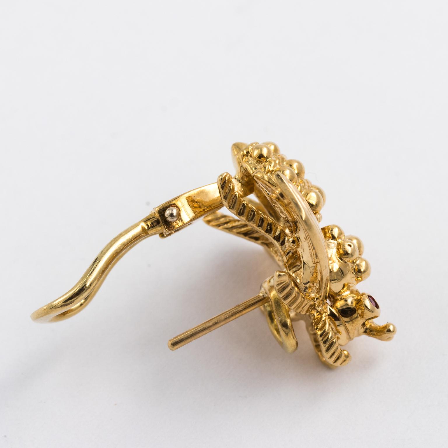 Modern Vintage Tiffany & Co. 18 Karat Gold Sculptural Bee Earrings with Ruby Eyes