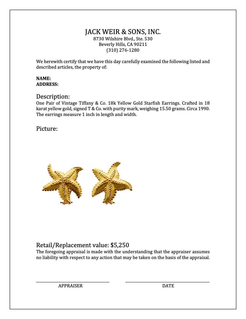 Vintage Tiffany & Co. 18k Yellow Gold Starfish Earrings 2