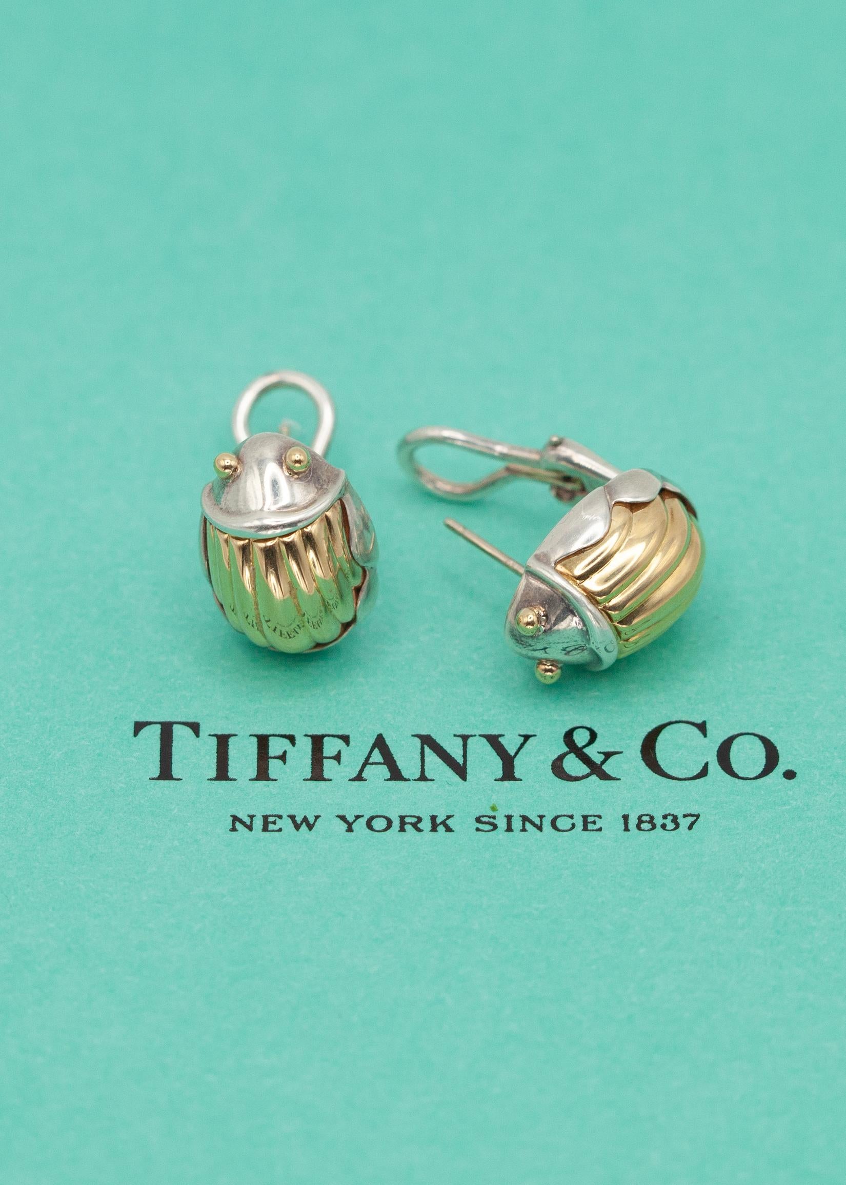 Modern 1993 Tiffany & Co. 18K Yellow Gold Sterling Scarab Earrings For Sale