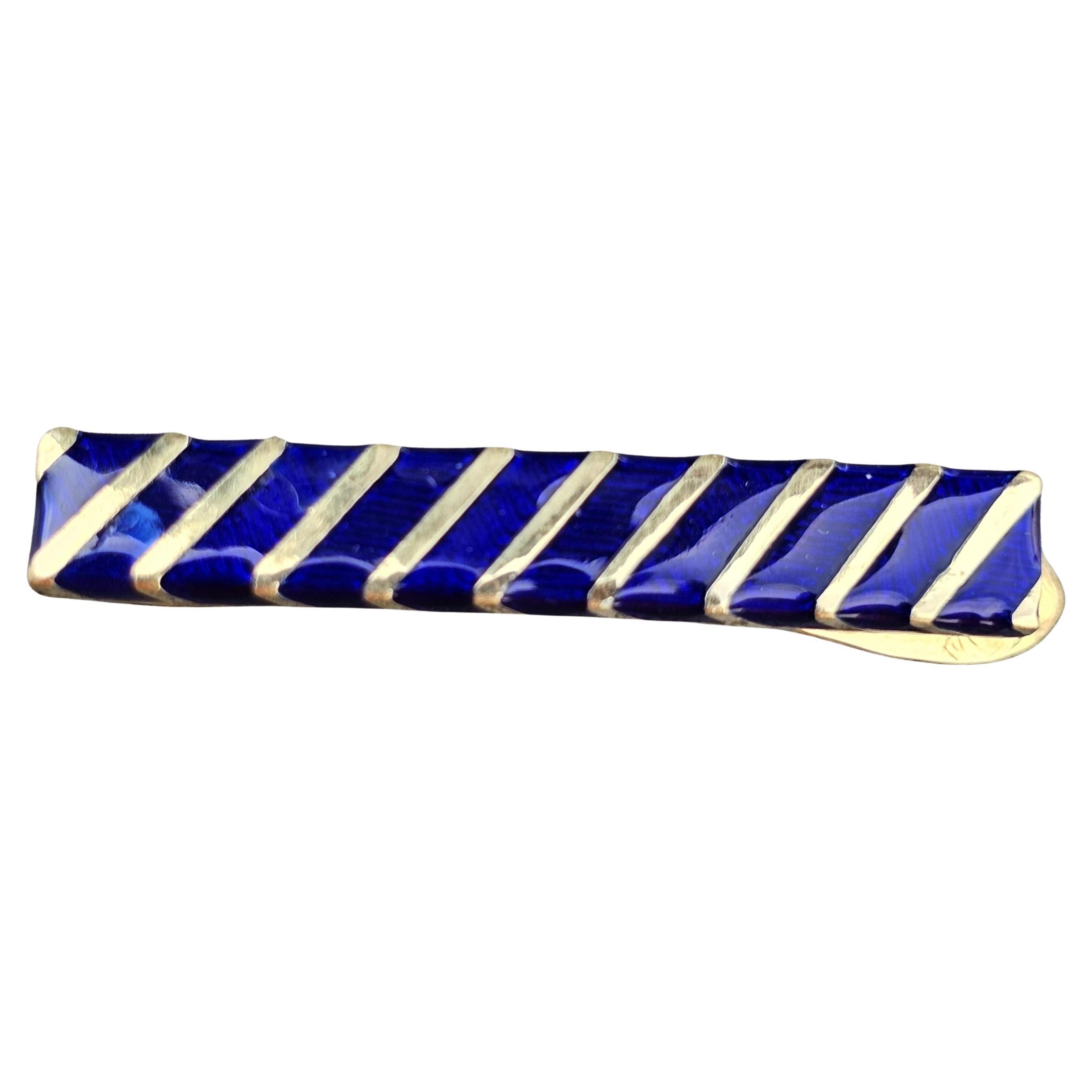 Vintage Tiffany & Co. 18k Yellow Gold Bar Cravatta Strisce di smalto blu 9,9g 1,75" in vendita