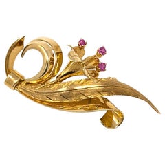 Vintage Tiffany & Co. 18kt Italy Ruby Floral Spray Brooch Pin in Yellow Gold
