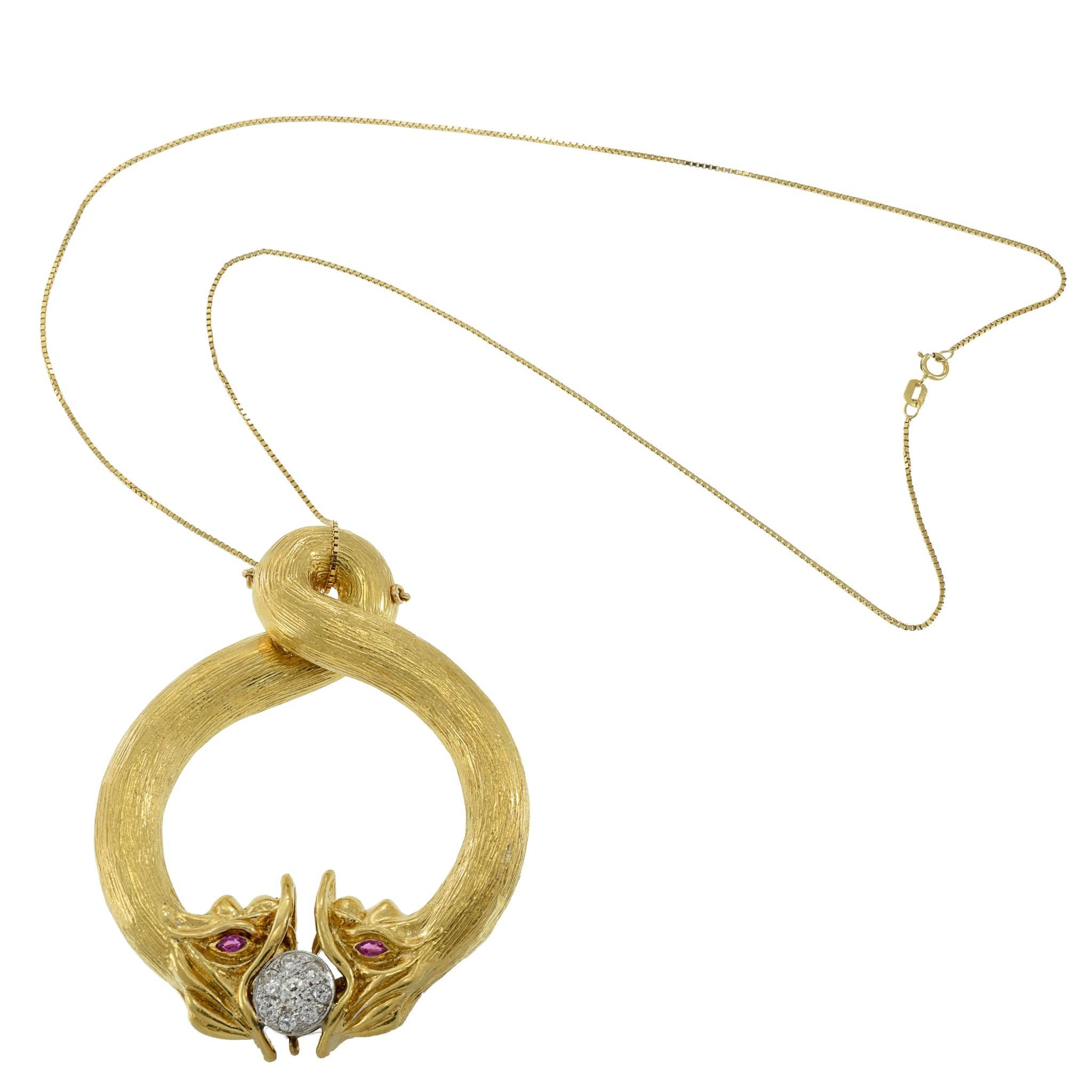 Round Cut Tiffany & Co. Vintage 18KT Yellow Gold Double Snake Diamond Pendant For Sale