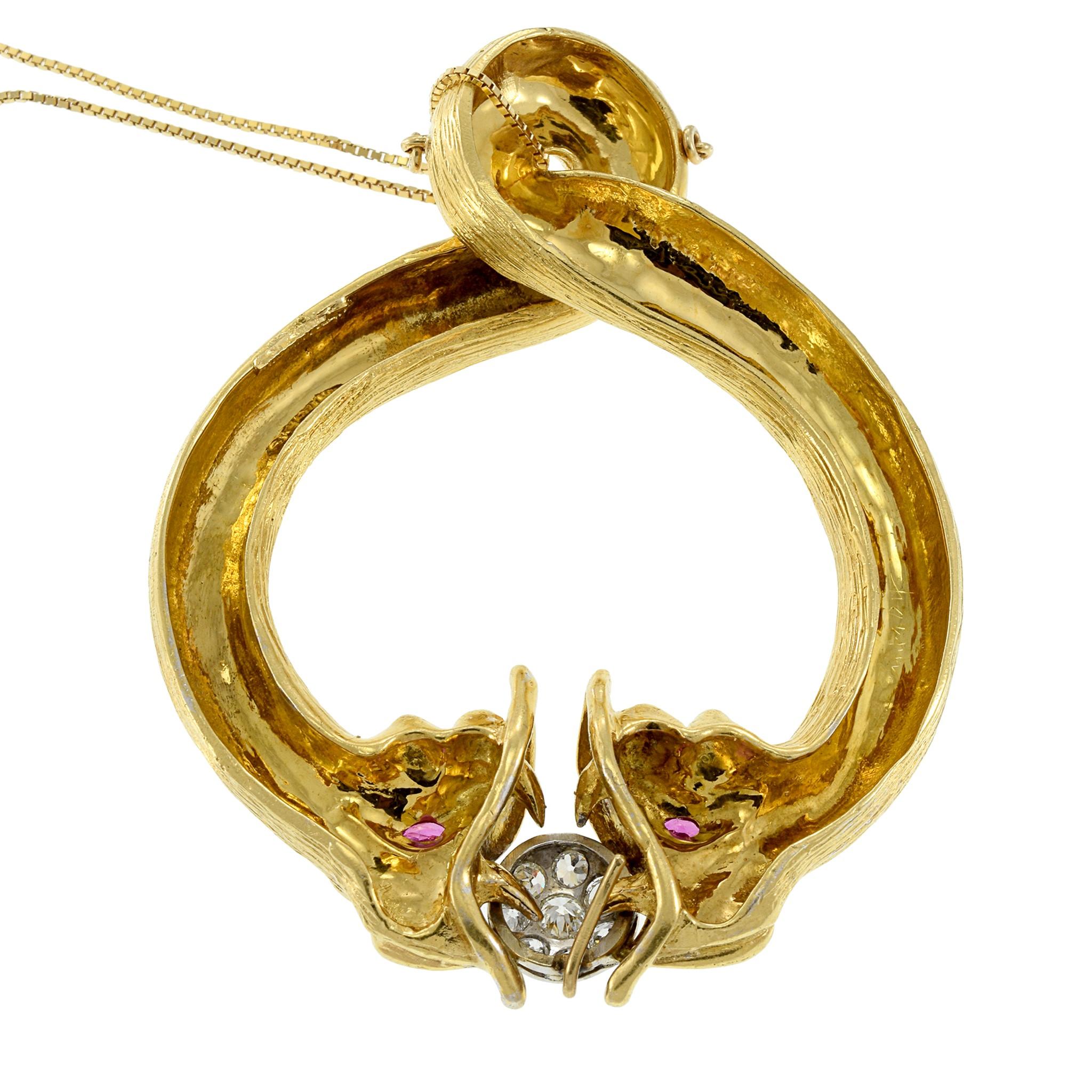 Tiffany & Co. Vintage 18KT Yellow Gold Double Snake Diamond Pendant In Excellent Condition For Sale In New York, NY