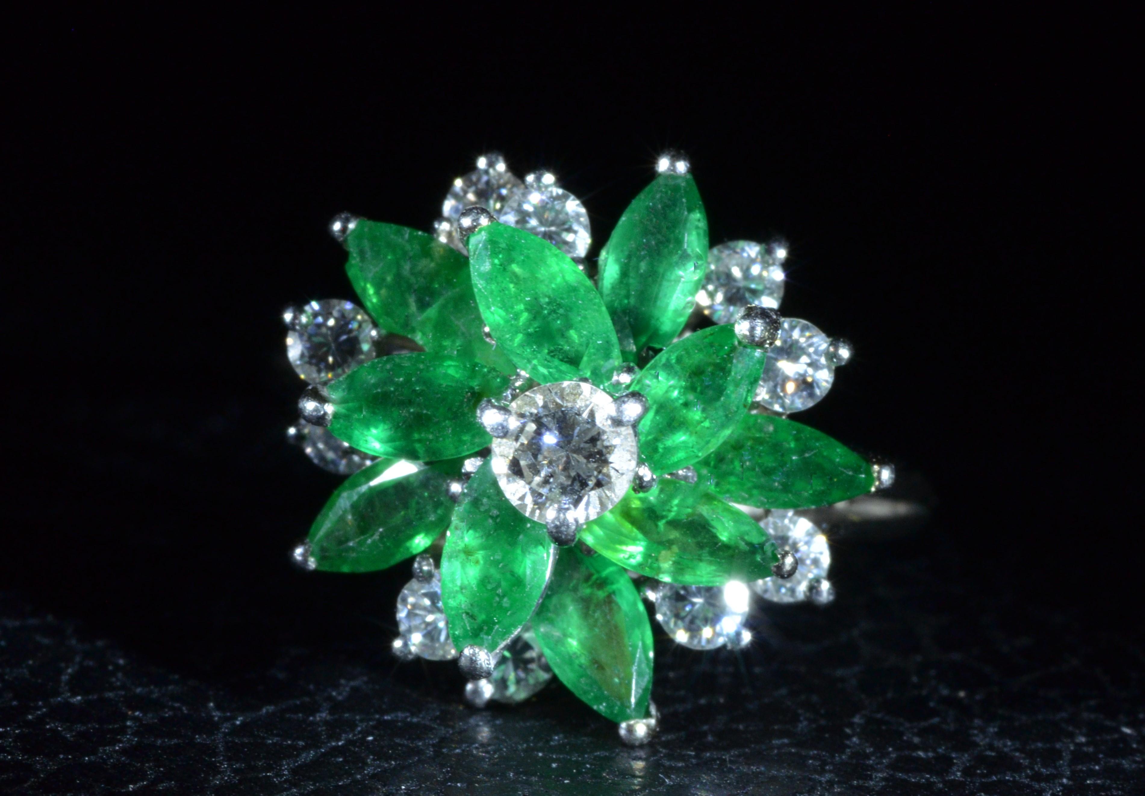 Marquise Cut Vintage Tiffany & Co. 2.50 Carat Emerald and 0.85 Carat Diamond Cluster Ring For Sale