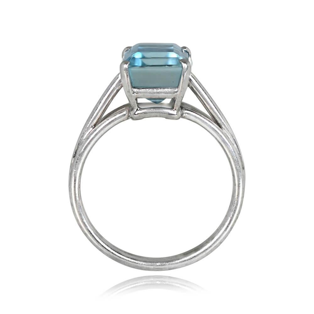 A vintage Tiffany ring highlighting a 2.90-carat emerald-cut aquamarine set in prongs. Crafted in platinum circa 1975, this ring proudly bears the signature of Tiffany & Co.

Ring Size: 6.5 US, Resizable
Signed: Tiffany & Co.
Metal: Platinum
Stone: