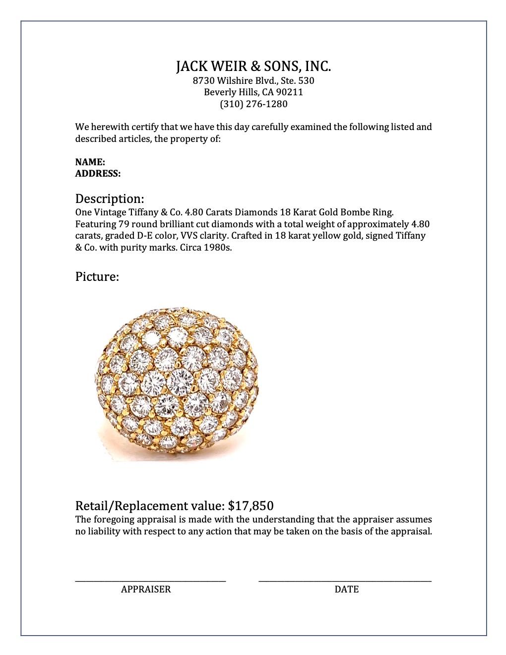 Vintage Tiffany & Co. 4.80 Carats Diamonds 18 Karat Gold Bombe Ring 2