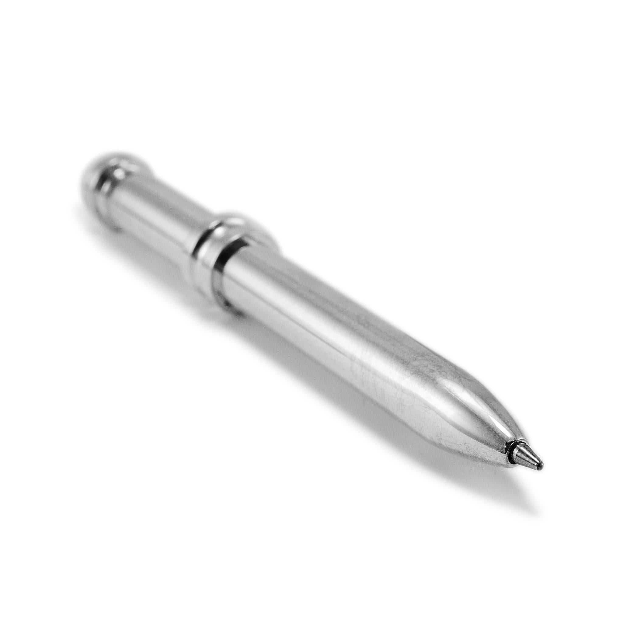 Brand: Tiffany & Co. 

Metal Type: 925 Sterling Silver

Length: 3.75 inches

Diameter: 11.30 mm

Weight: 23.36 grams

Silver vintage Tiffany & Co. mini ballpoint pen. The metal was tested and determined to be 925 (STERLING) silver. Engraved with