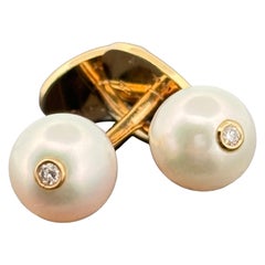 Vintage Tiffany & Co Akoya Pearl Cufflinks w/ Diamond Accent - 14k Yellow Gold