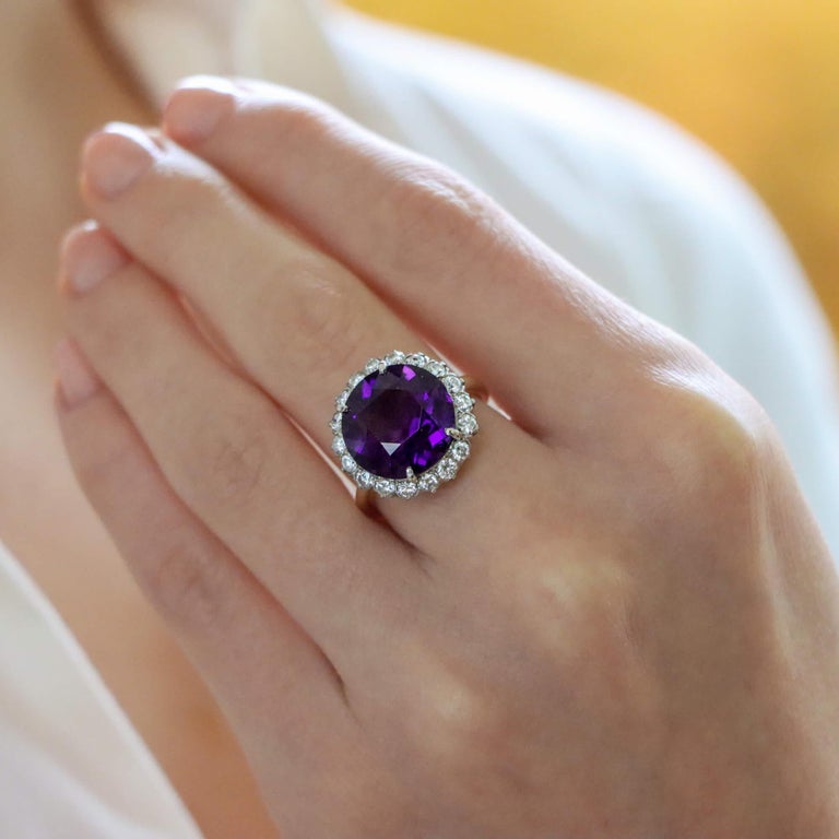 Retro Vintage Tiffany & Co. Amethyst and Diamond Cluster Ring Set in 14K Gold For Sale