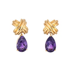 Vintage Tiffany & Co Amethyst Earrings Drops c1990s Signature X Cross 18k Gold
