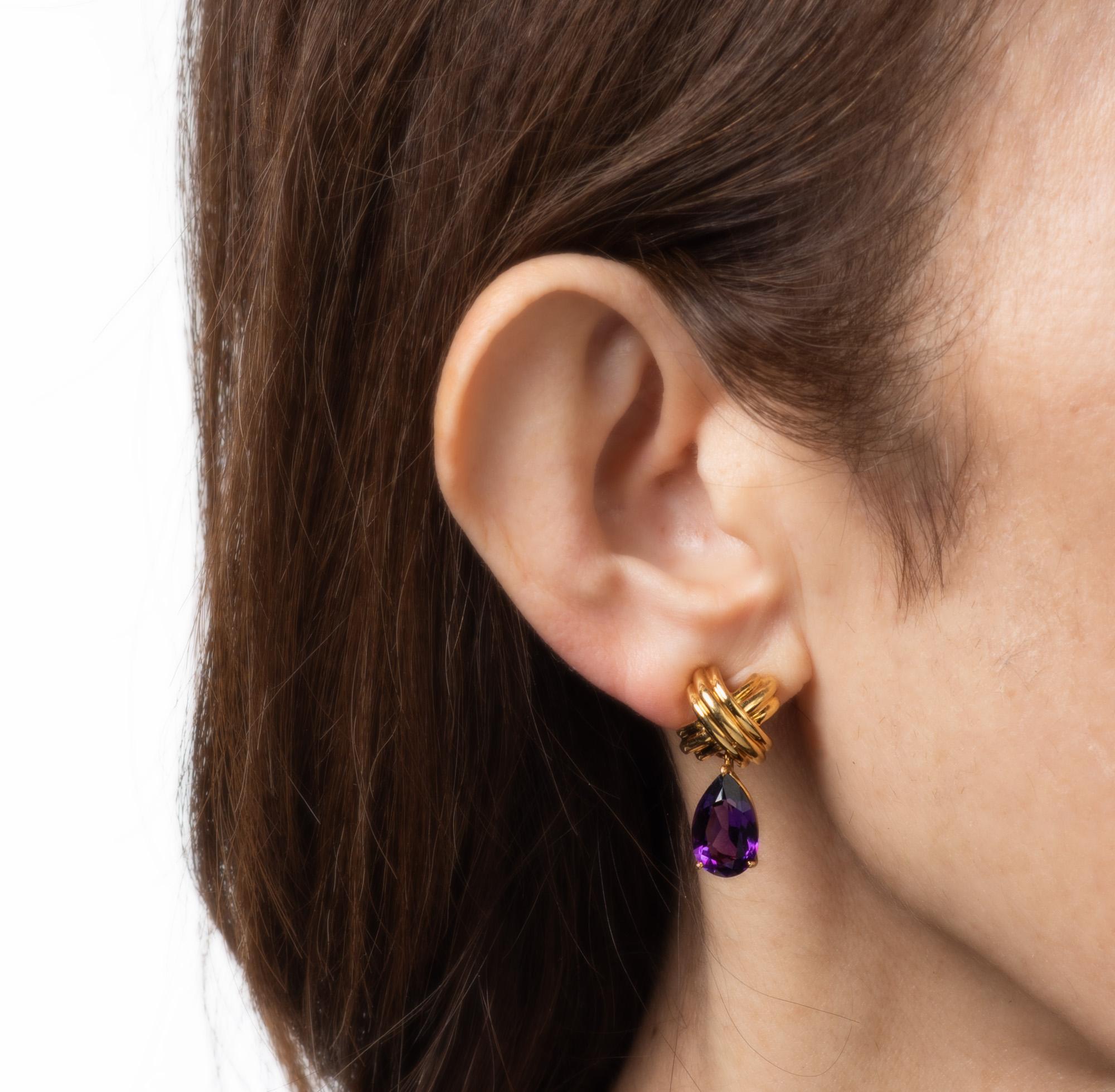 Pear Cut Vintage Tiffany & Co Amethyst Earrings Drops c1990s Signature X Cross 18k Gold