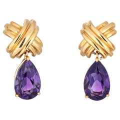 Vintage Tiffany & Co Amethyst Earrings Drops c1990s Signature X Cross 18k Gold