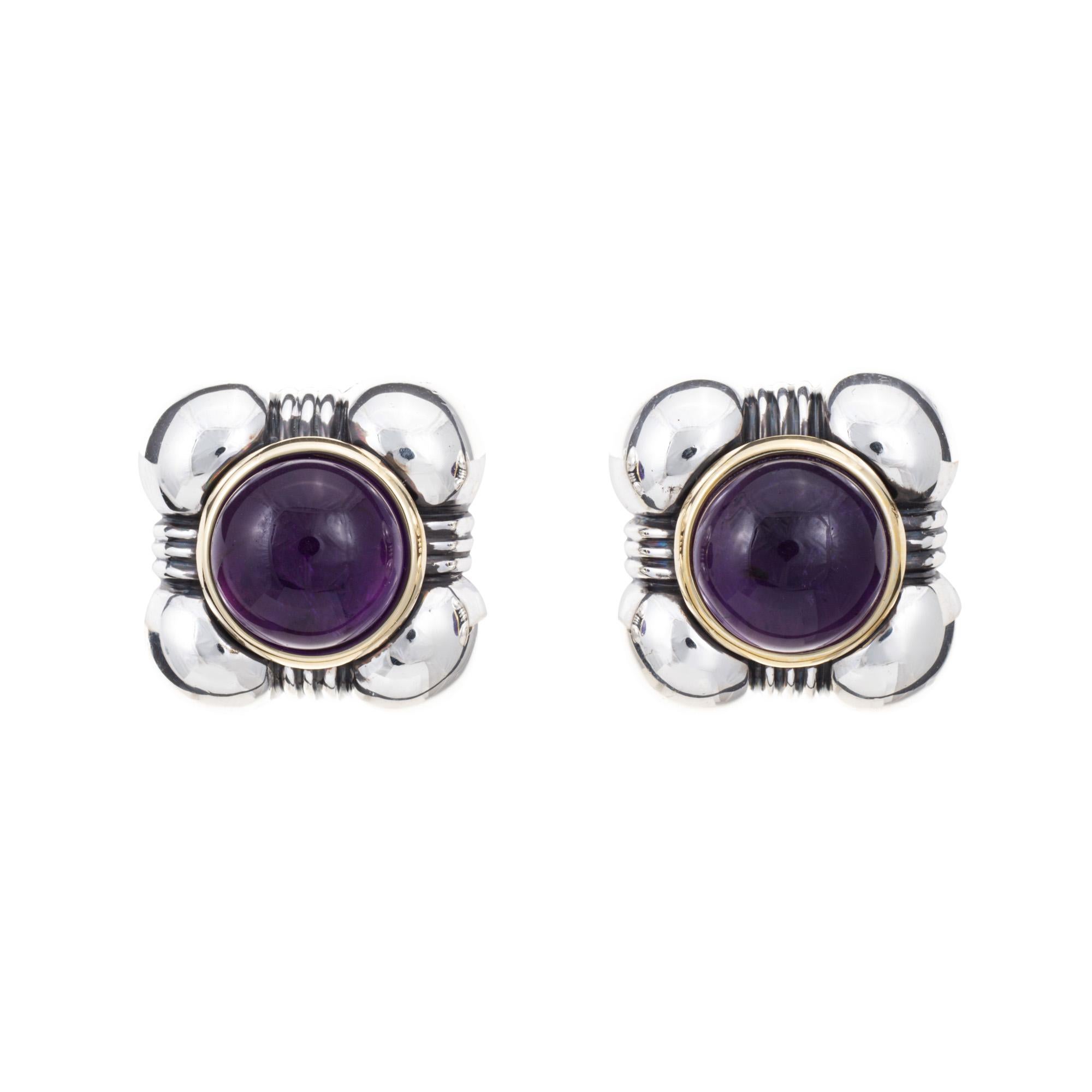 Cabochon Vintage Tiffany & Co Amethyst Earrings Square Sterling Silver 18k Gold Clip on