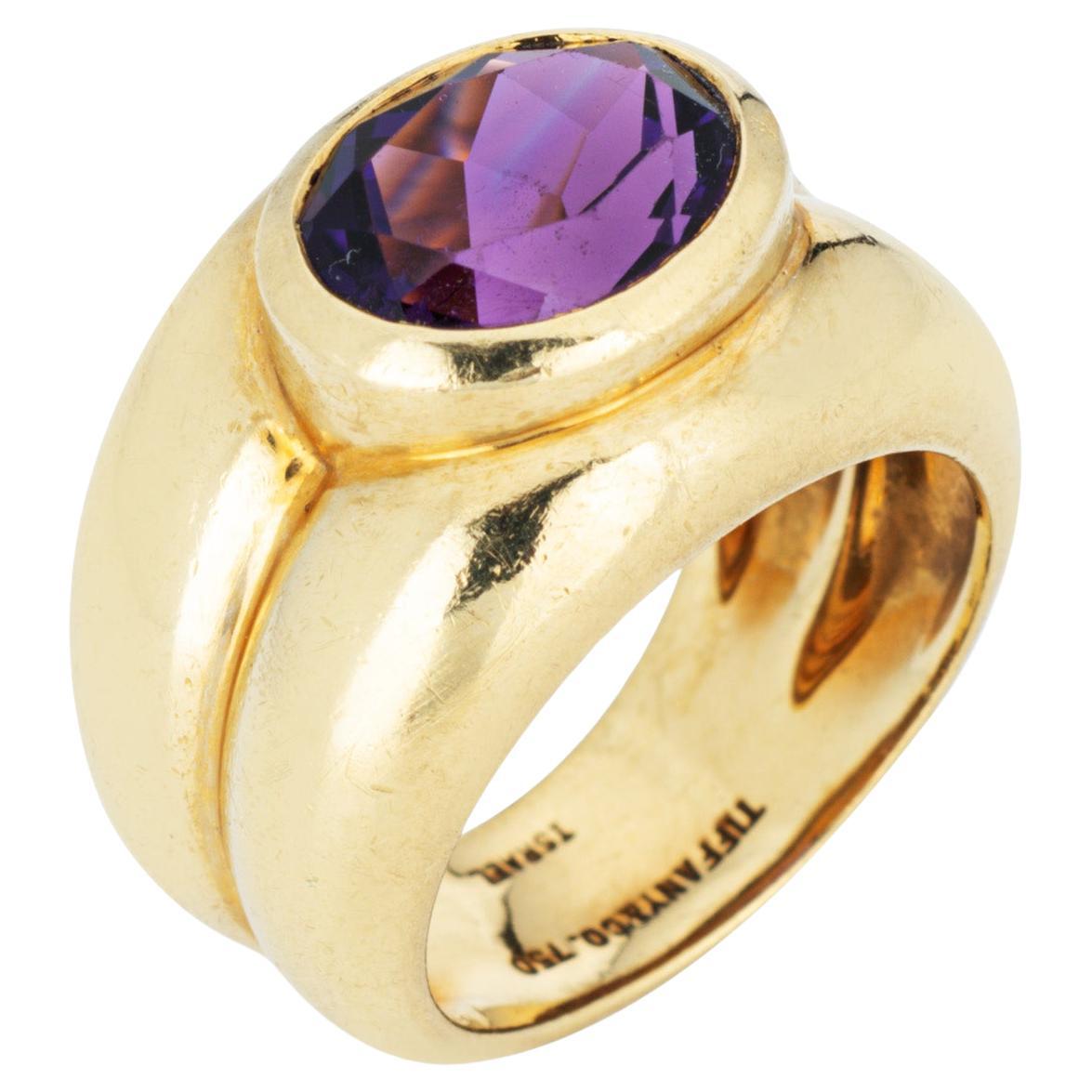 Vintage Tiffany & Co Amethyst Ring 18k Yellow Gold Sz 5.5 Band Signed Jewelry For Sale