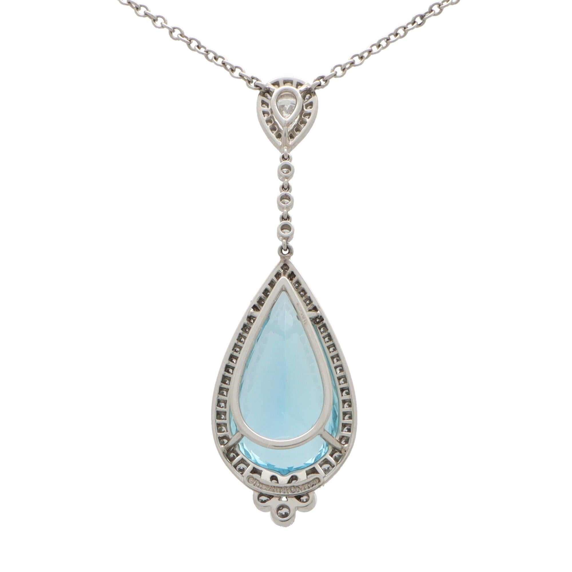 Modern Vintage Tiffany & Co. Aquamarine and Diamond Drop Pendant Necklace in Platinum
