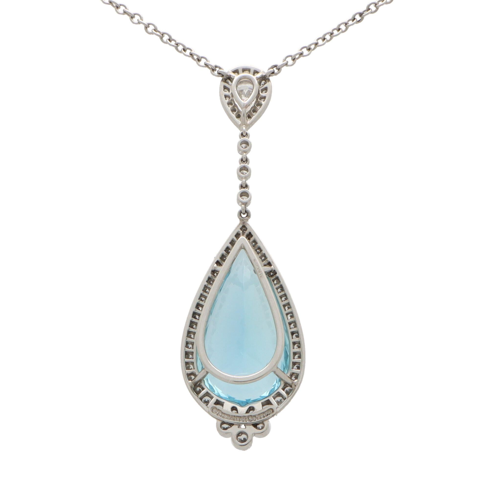 Vintage Tiffany & Co.. Aquamarin und Diamant-Tropfen-Anhänger-Halskette aus Platin für Damen oder Herren