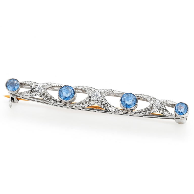 Vintage Tiffany and Co Art Deco Diamond and Sapphire Platinum on Gold Brooch For Sale 3