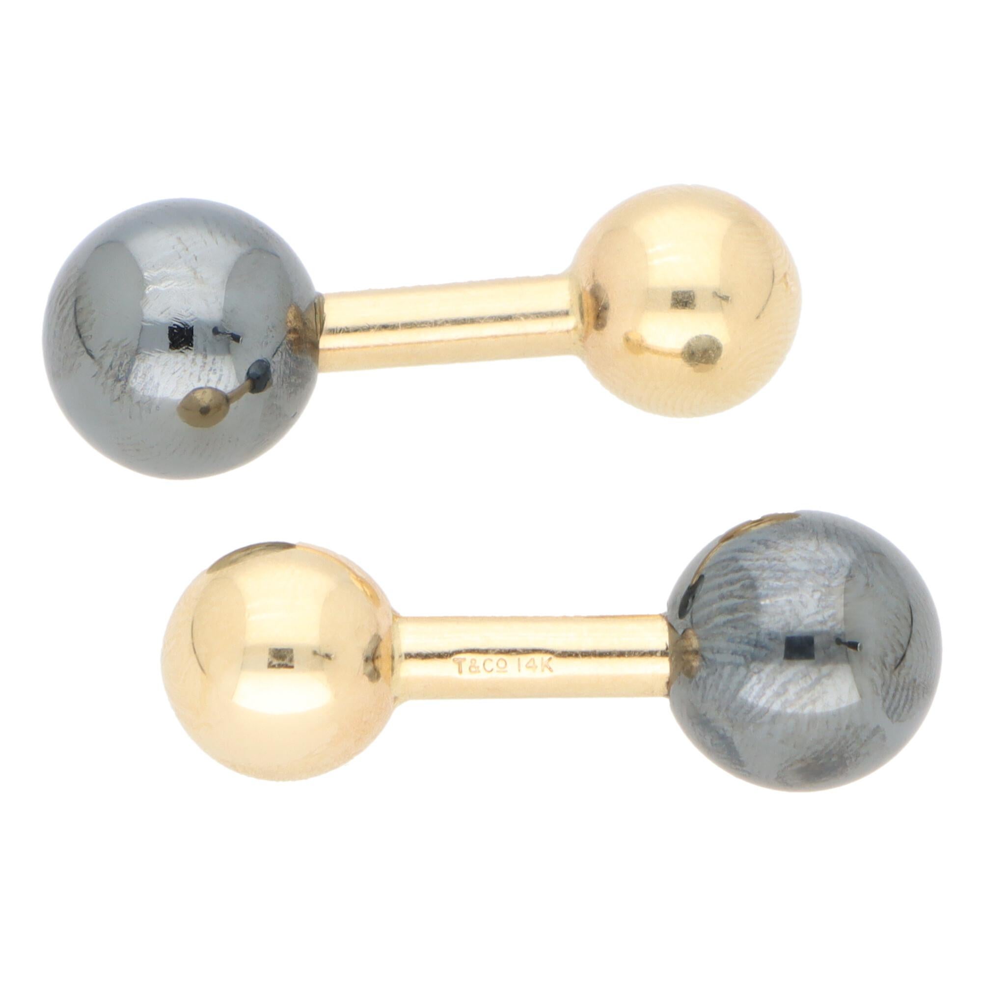 Retro Vintage Tiffany & Co. Bar Cufflinks with Hematite and 14k Yellow Gold For Sale