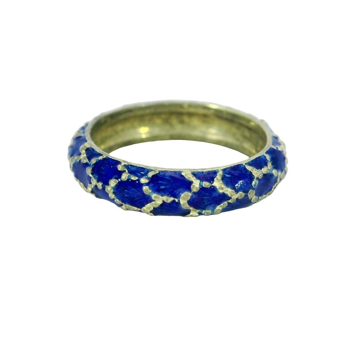 Tiffany & Co. d'epoca. Anello a fascia in oro giallo 18k con smalto blu, misura 5,25 in vendita 3