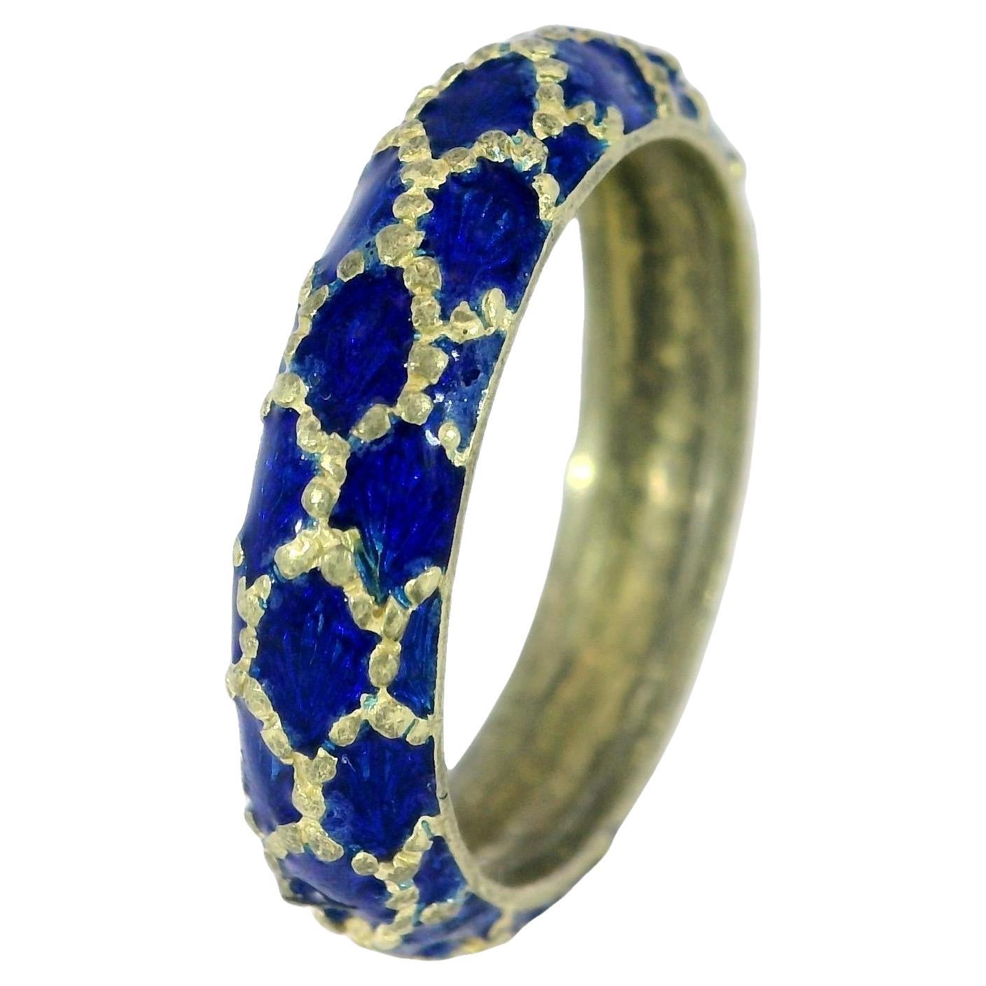 Vintage Tiffany & Co. Blue Enamel 18k Yellow Gold Band Ring Size 5.25