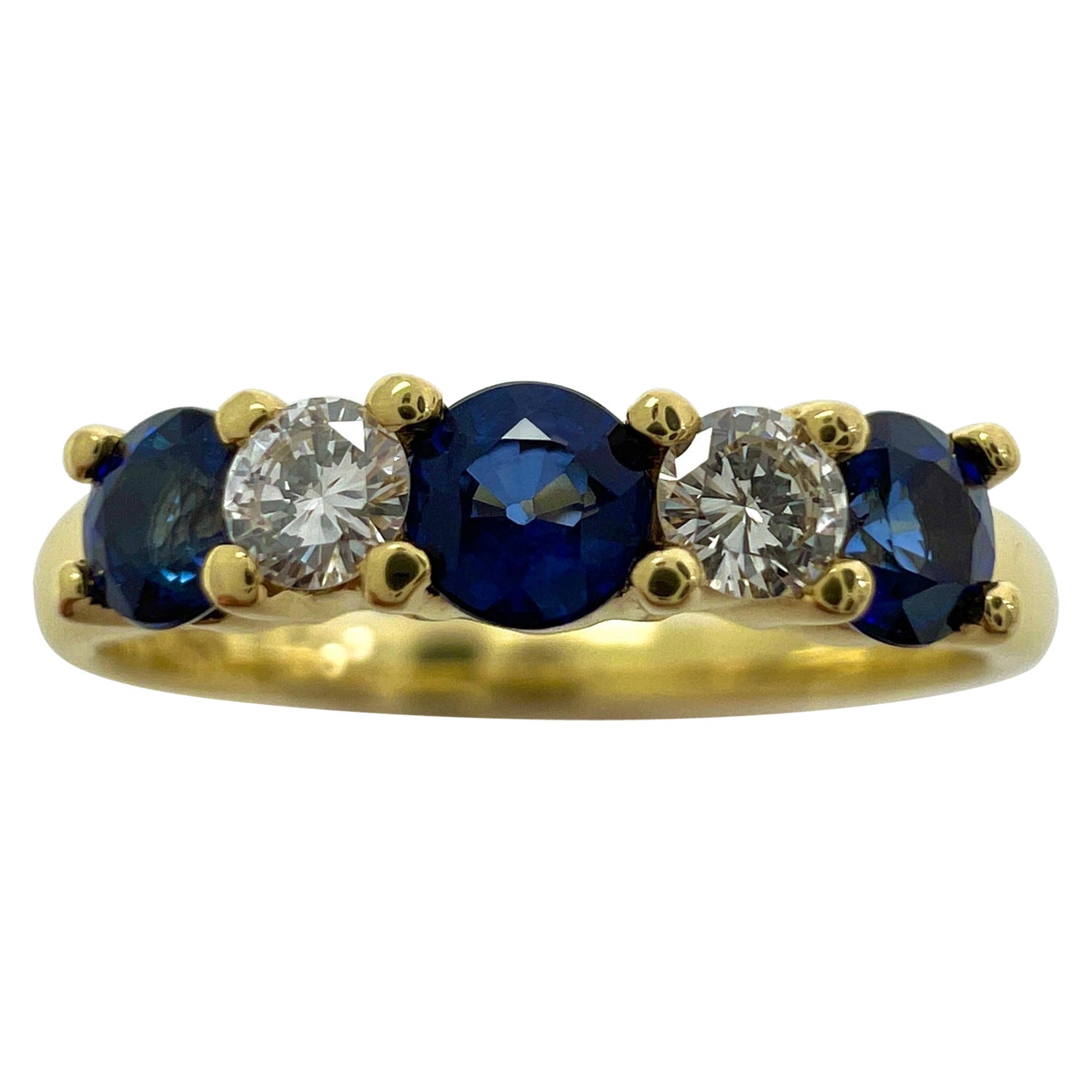 Vintage Tiffany & Co Blue Sapphire And Diamond 18k Yellow Gold Five Stone Ring