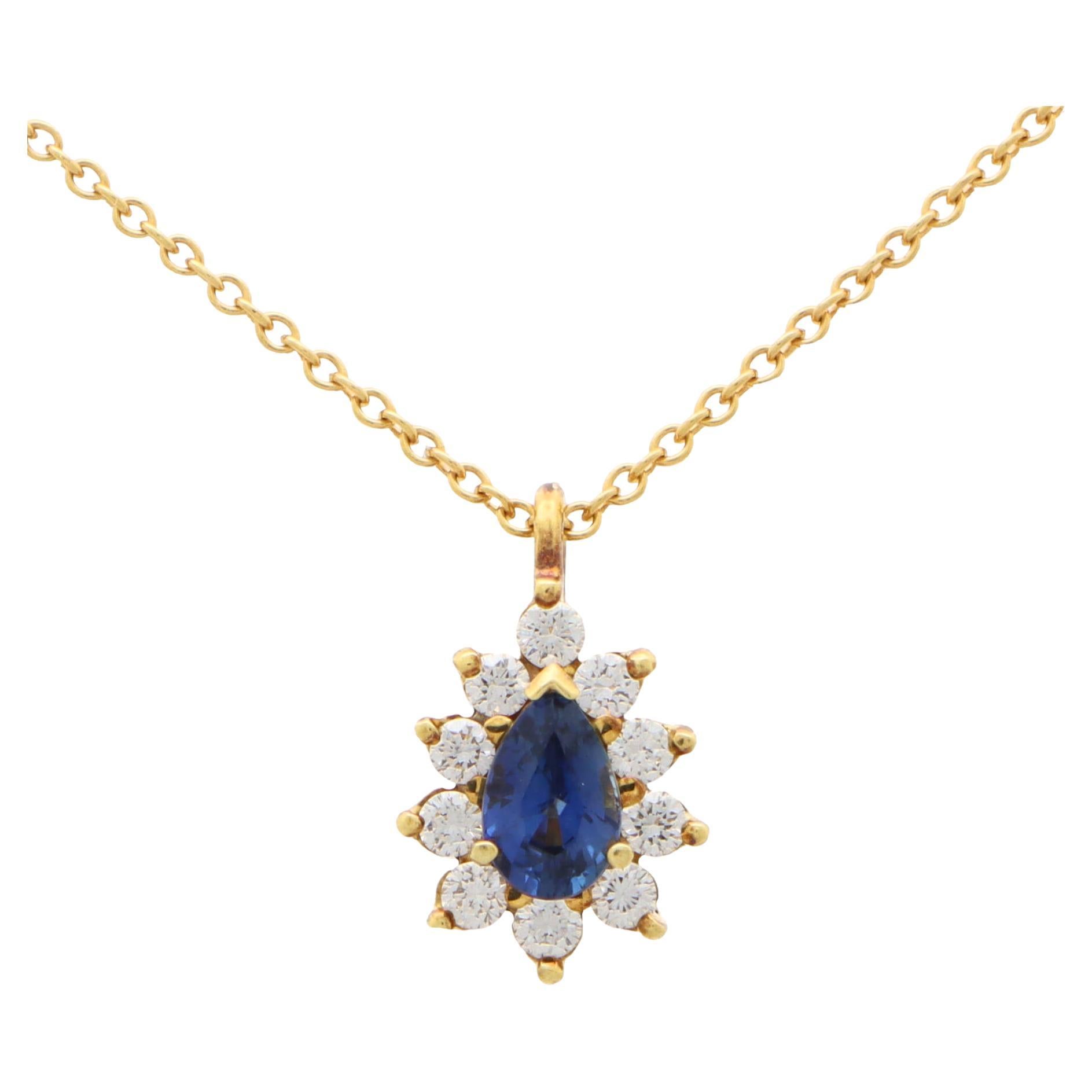 Vintage Tiffany & Co. Blue Sapphire and Diamond Cluster Pendant in 18k Gold For Sale