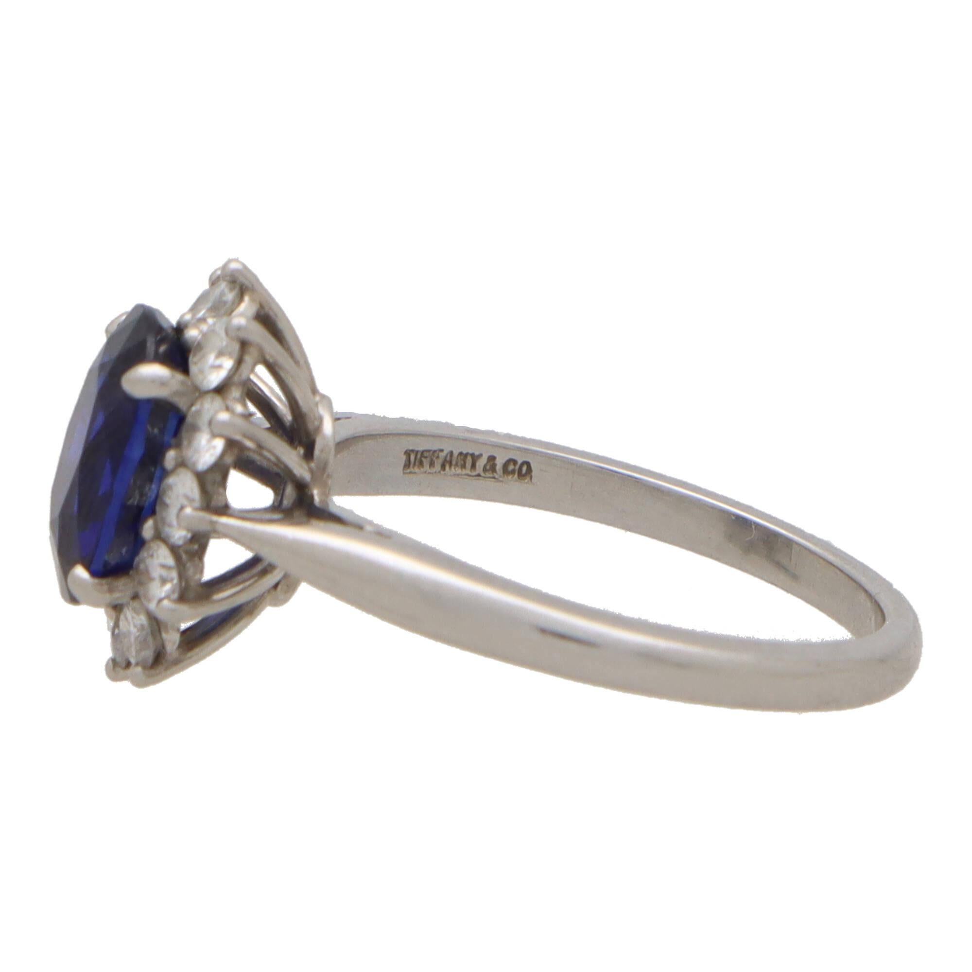 Modern Vintage Tiffany & Co. Blue Sapphire and Diamond Cluster Ring Set in Platinum