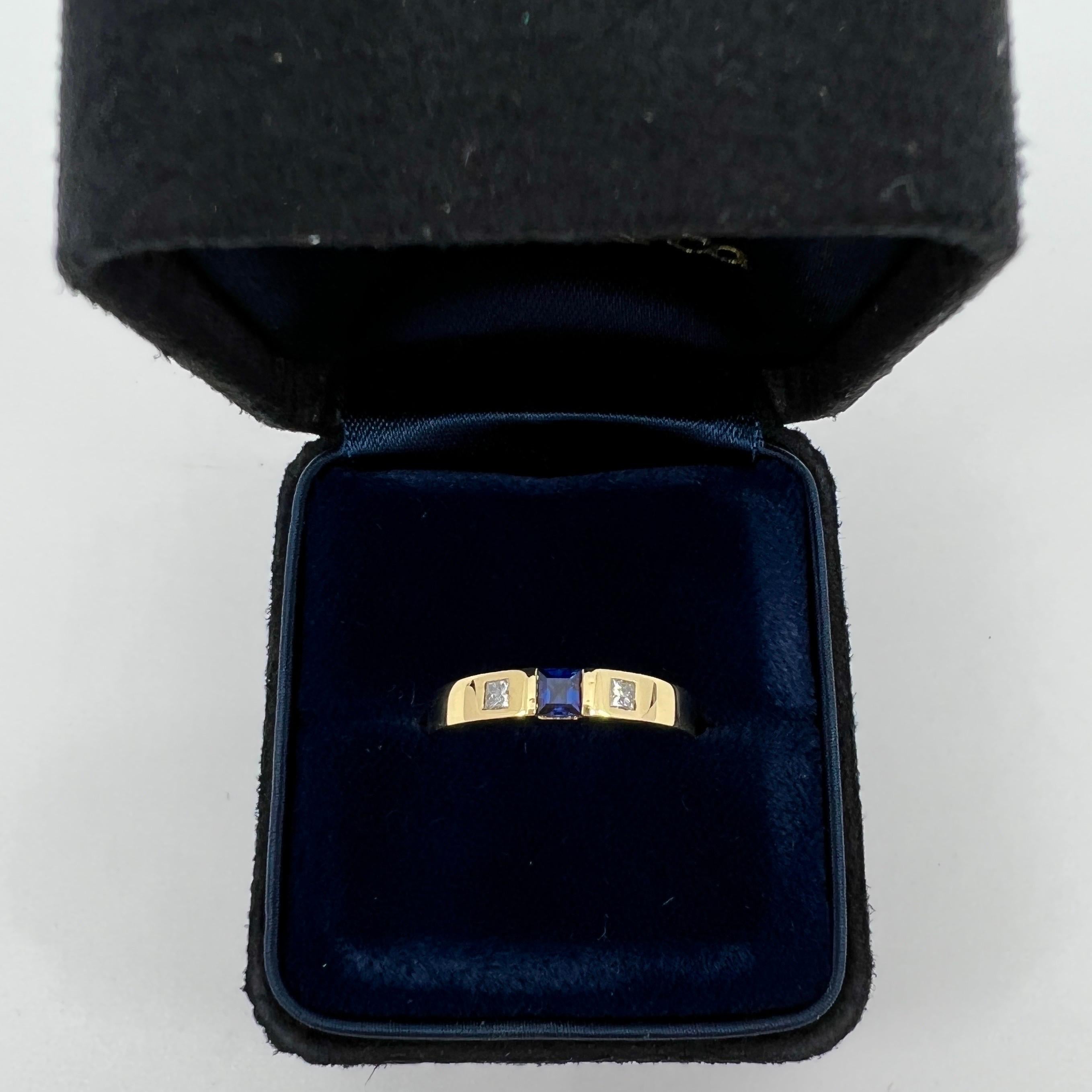 Vintage Tiffany & Co Blue Sapphire Diamond 18k Yellow Gold Three Stone Ring 52 6 2