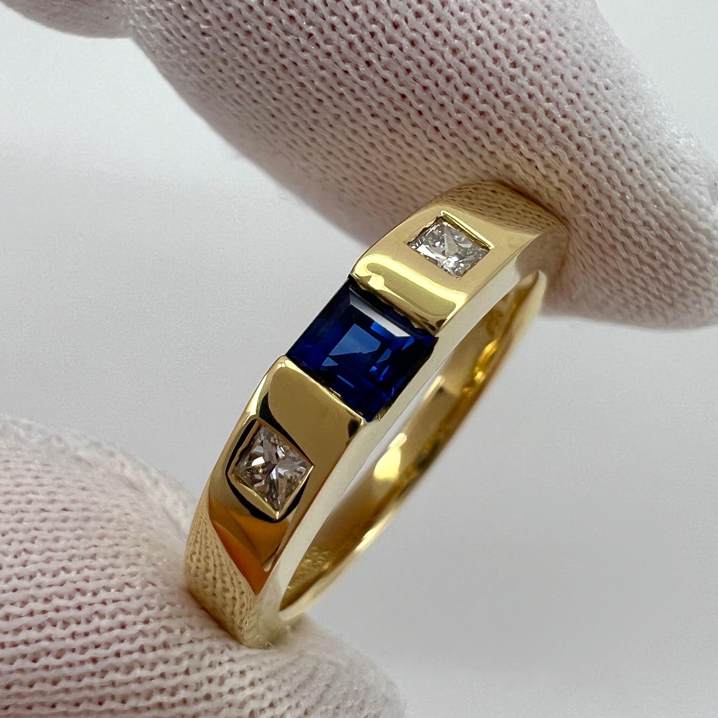 Vintage Tiffany & Co Blue Sapphire Diamond 18k Yellow Gold Three Stone Ring 52 6 7