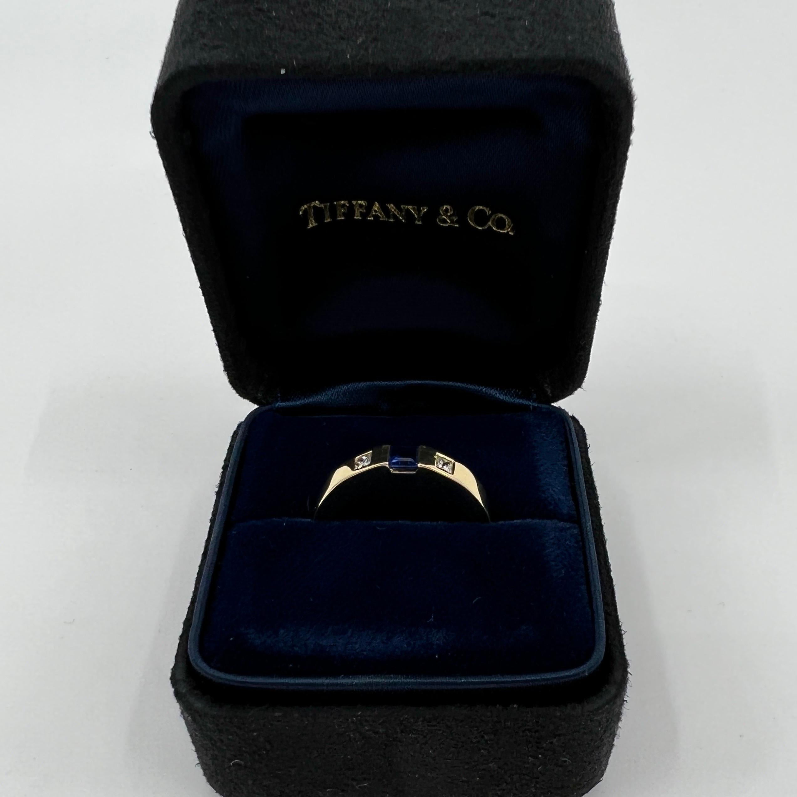 Princess Cut Vintage Tiffany & Co Blue Sapphire Diamond 18k Yellow Gold Three Stone Ring 52 6