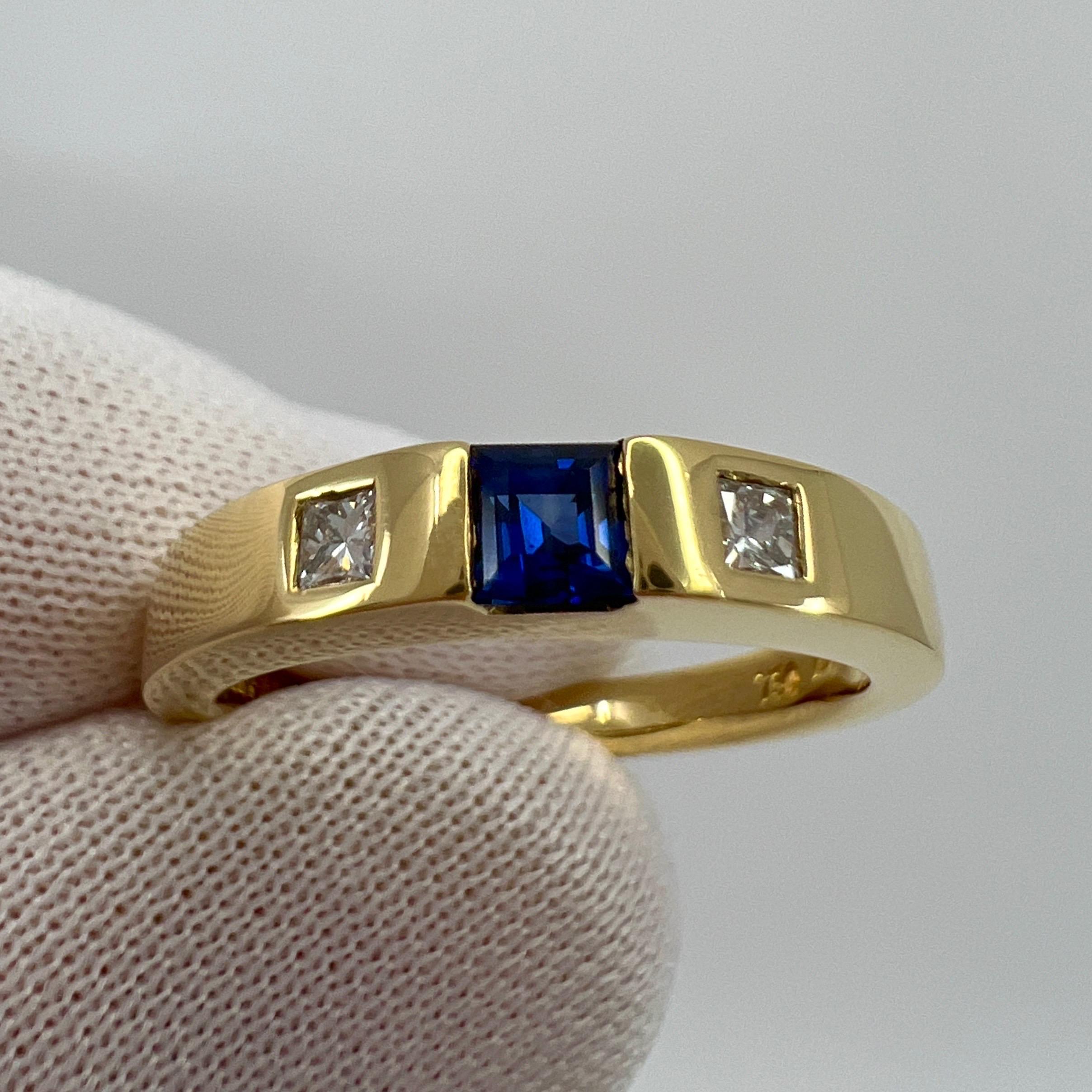 Vintage Tiffany & Co Blue Sapphire Diamond 18k Yellow Gold Three Stone Ring 52 6 In Excellent Condition In Birmingham, GB