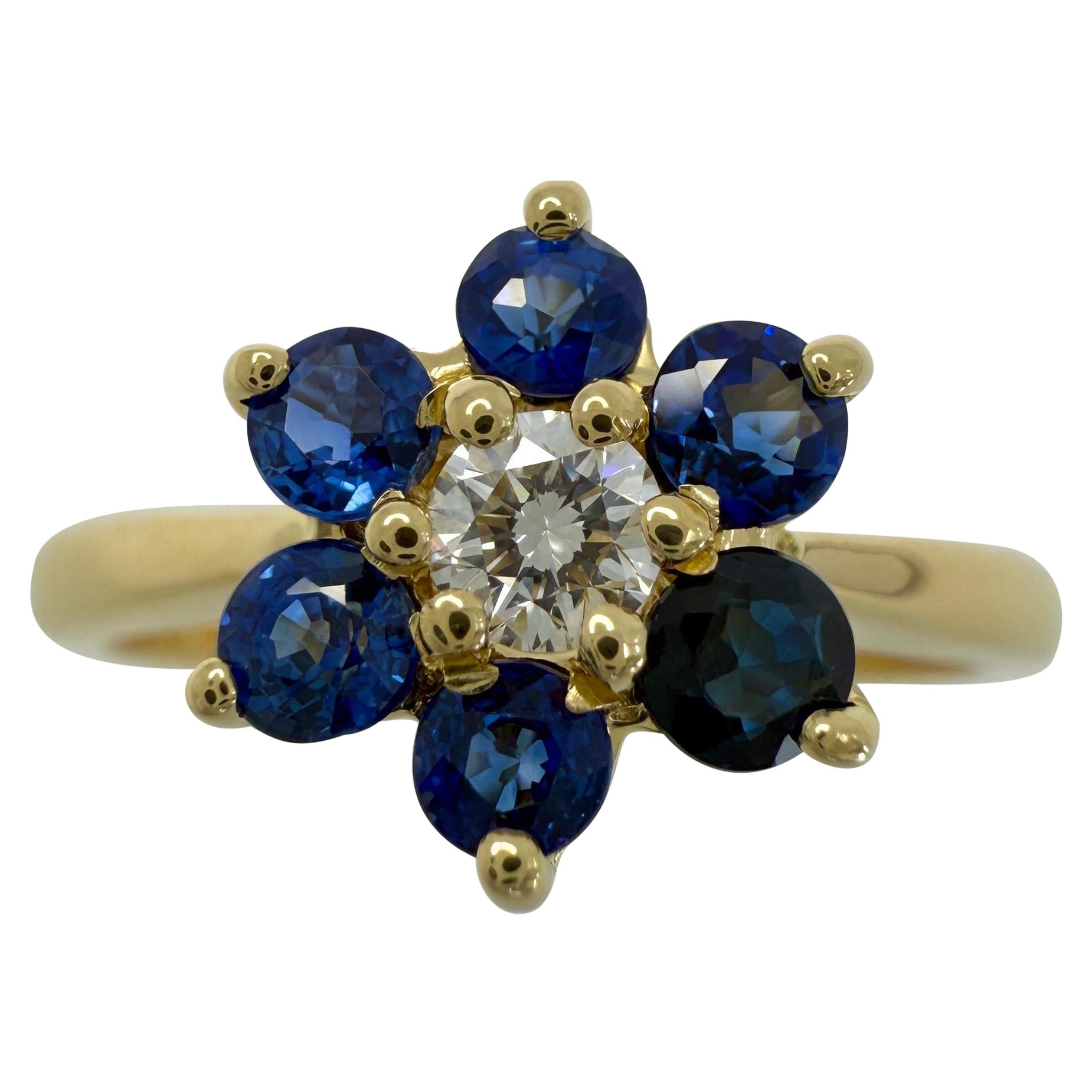 Vintage Tiffany 
Co. Blue Sapphire Diamond Flower 18k Yellow Gold Cluster Ring