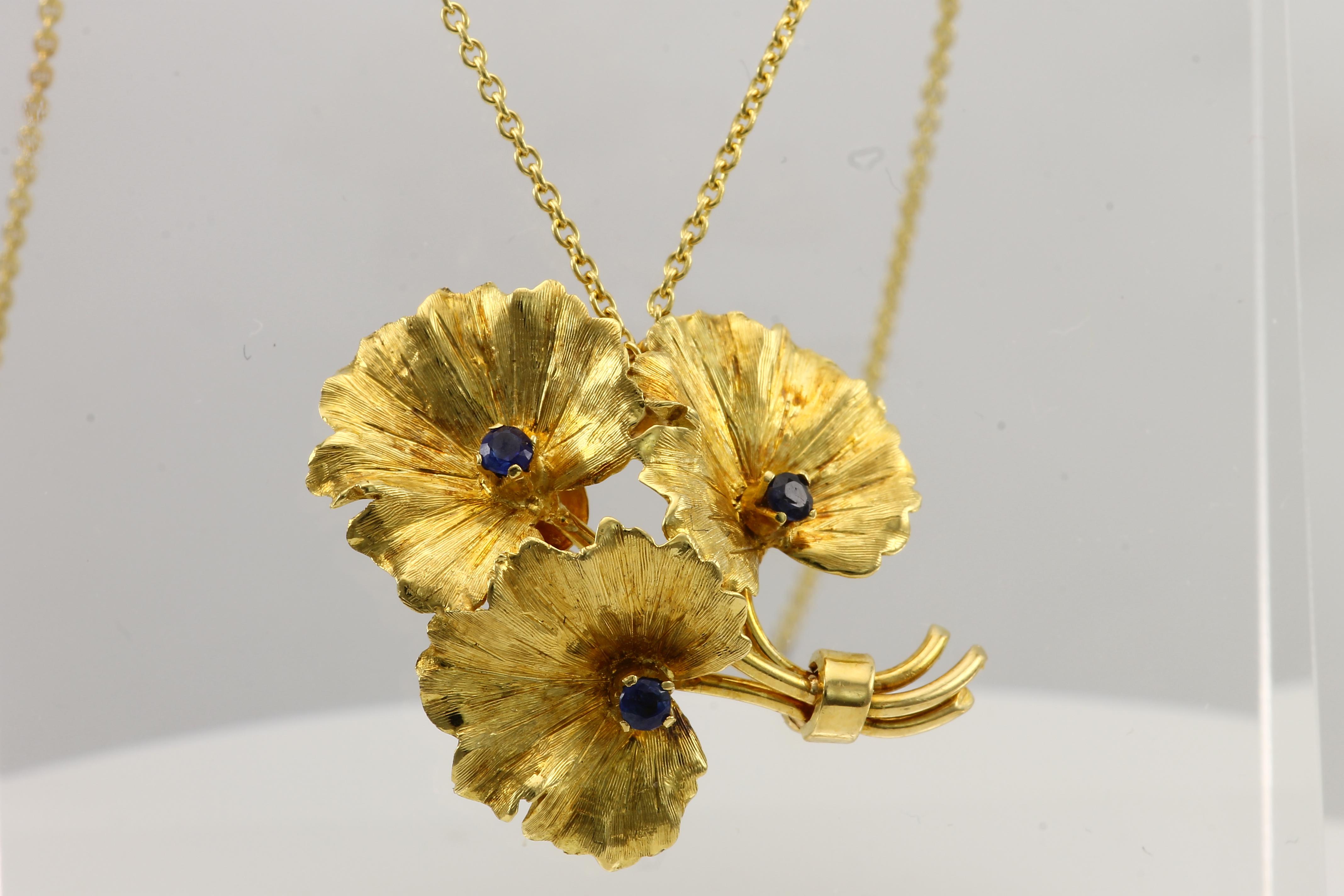 Artisan Vintage Tiffany & Co. Blue Sapphire Yellow Gold Flower Bouquet Brooch Necklace