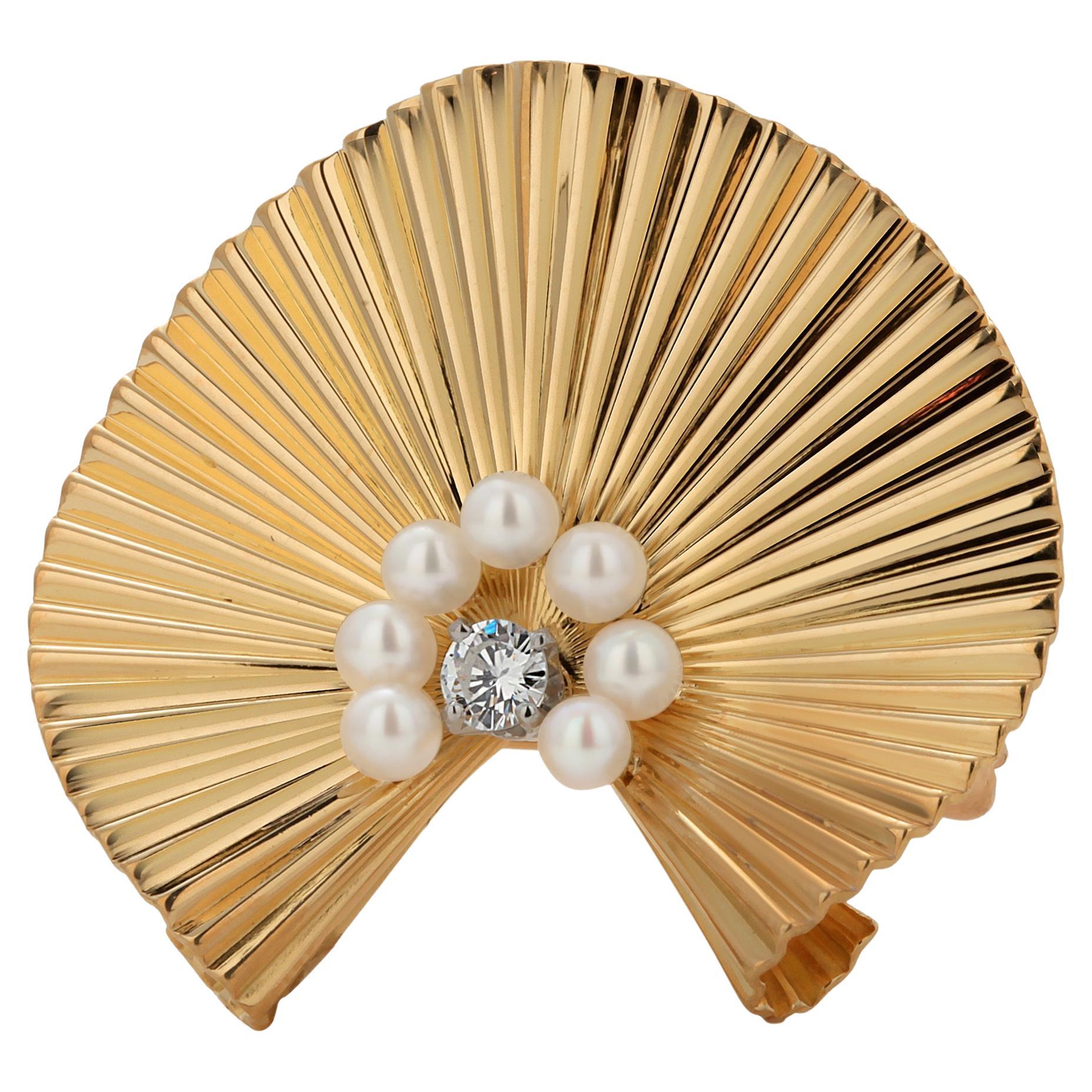 Vintage Tiffany Co Circa 1960s 18K Yellow Gold Diamond and Pearl Fur Clip