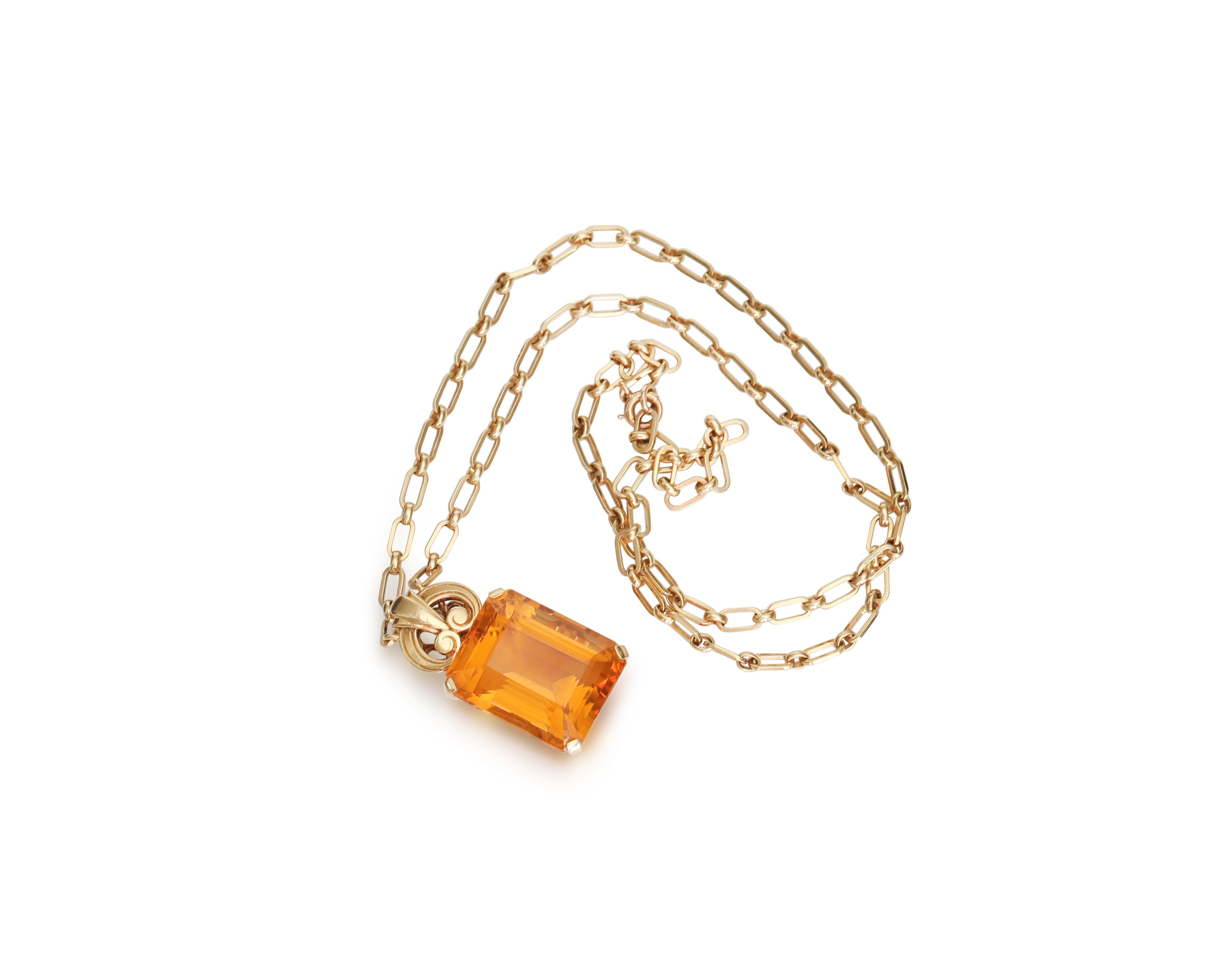 Emerald Cut Vintage Tiffany & Co. Citrine Pendant with 18 Karat Gold Chain Necklace
