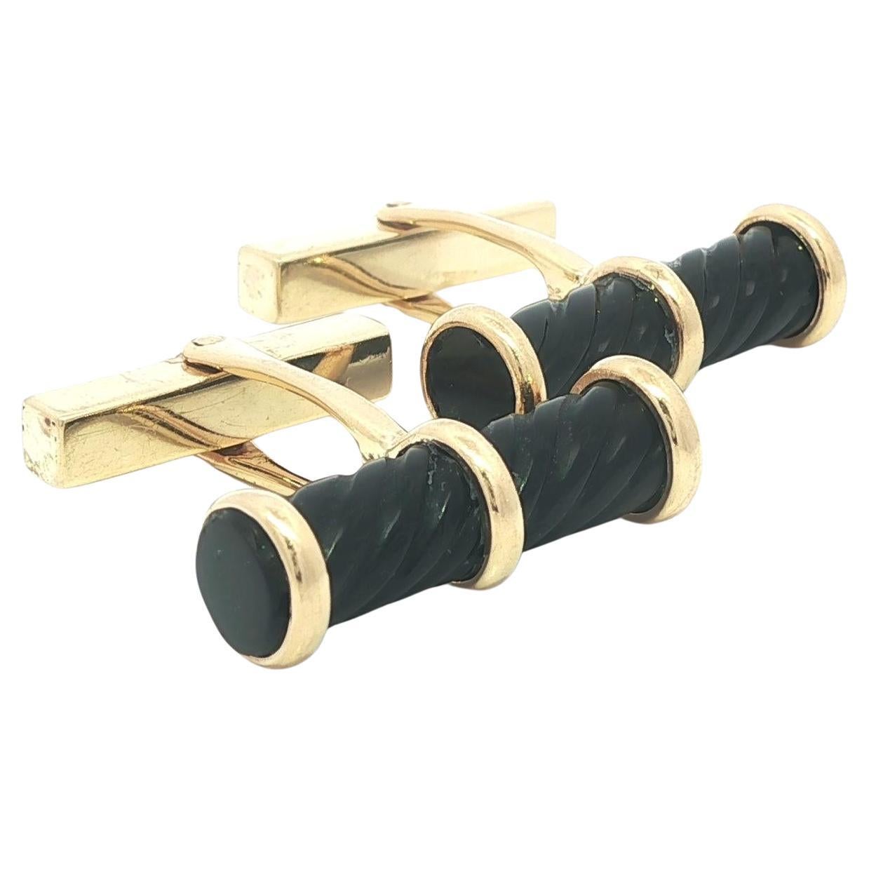 Vintage Tiffany & Co. Collectible 14k Gold Ribbed Cylinder Black Onyx Cufflinks
