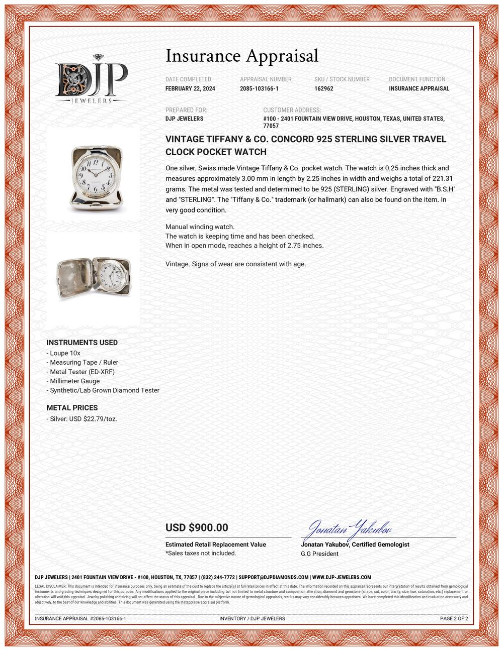 Weinlese Tiffany & Co. Concord 925 Sterlingsilber-Reiseuhr-Taschenuhr 4