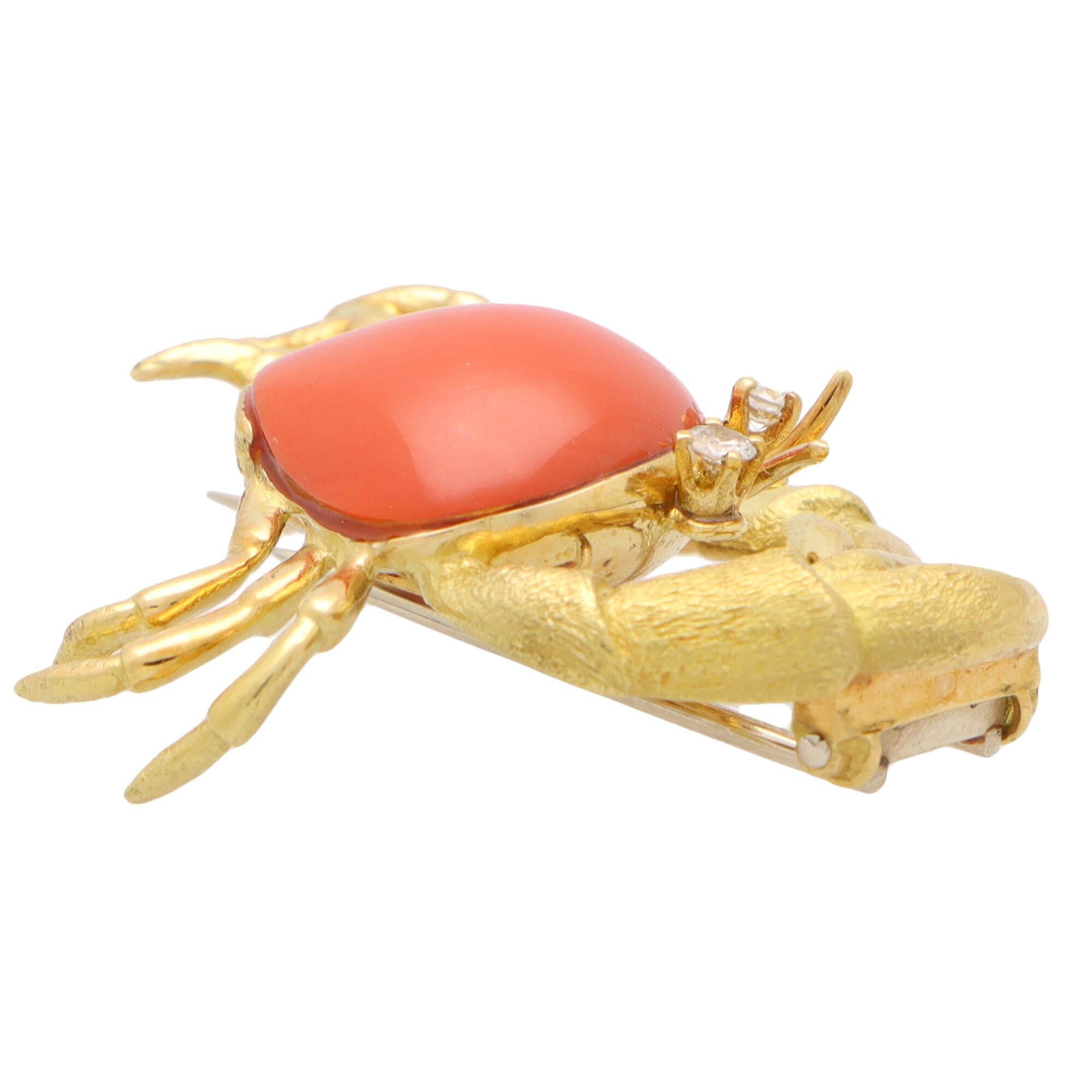 Retro Vintage Tiffany & Co. Coral and Diamond Crab Brooch Pin Set in 18k Yellow Gold