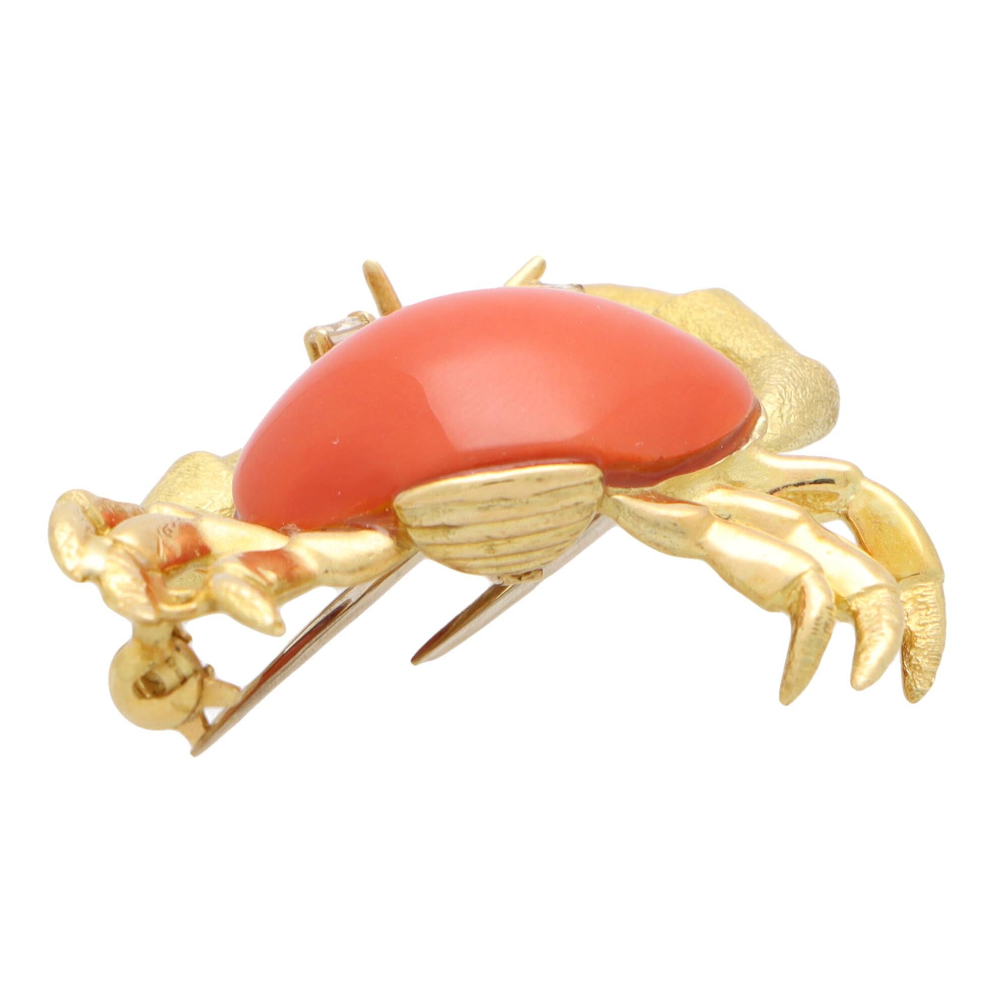 Round Cut Vintage Tiffany & Co. Coral and Diamond Crab Brooch Pin Set in 18k Yellow Gold