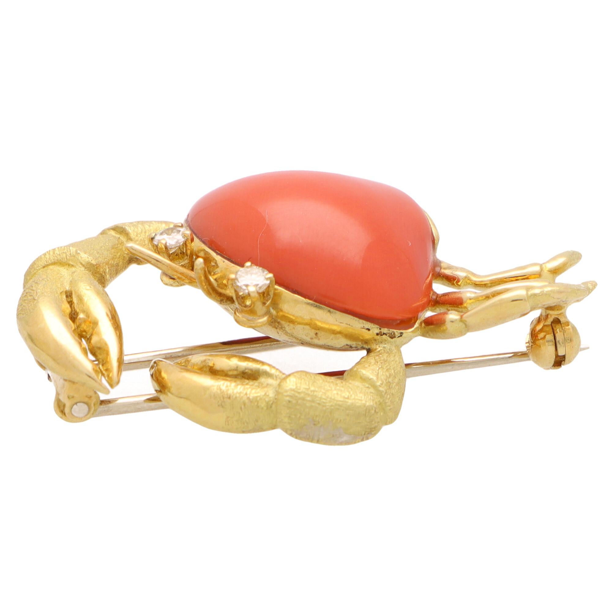 Women's or Men's Vintage Tiffany & Co. Coral and Diamond Crab Brooch Pin Set in 18k Yellow Gold