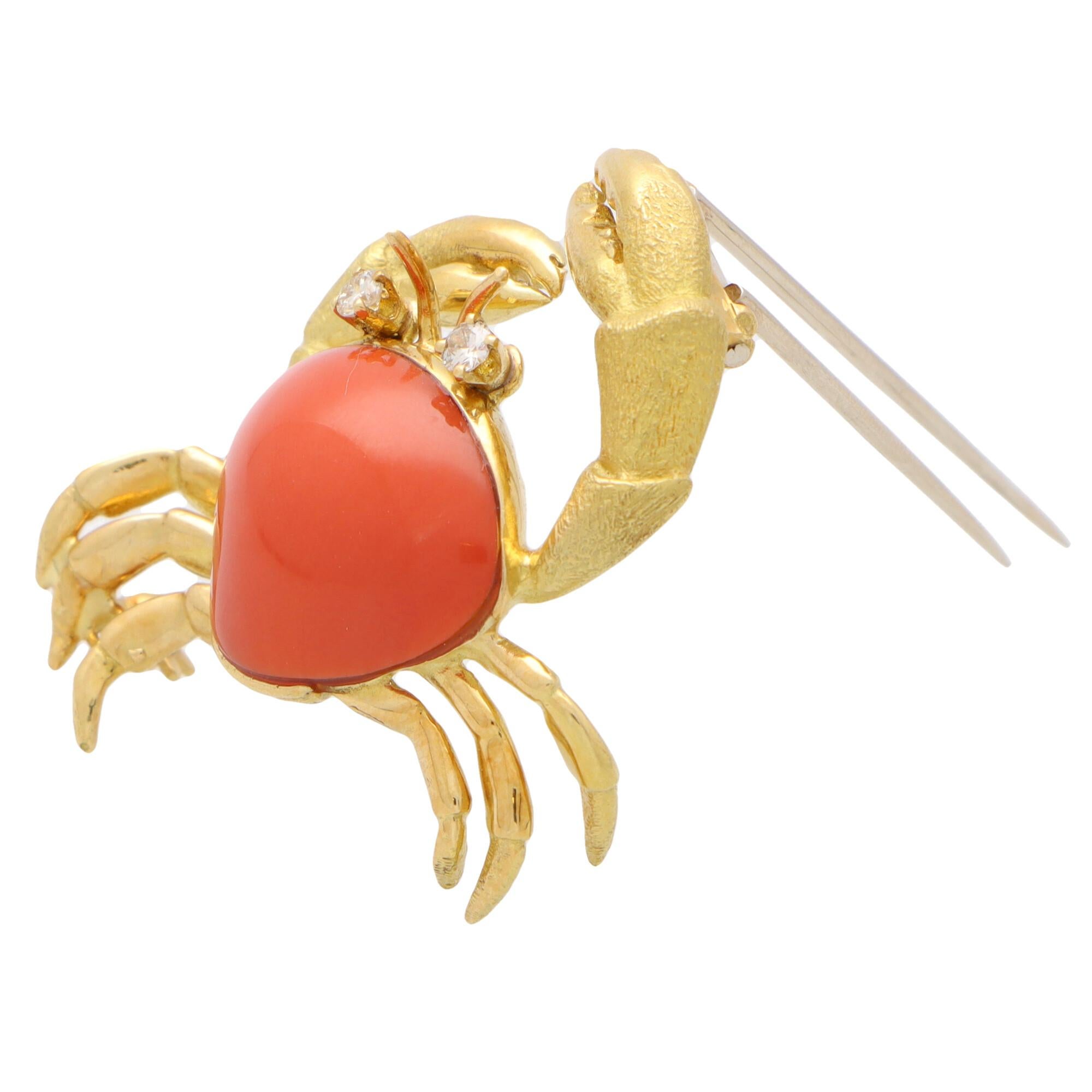 Vintage Tiffany & Co. Coral and Diamond Crab Brooch Pin Set in 18k Yellow Gold 1