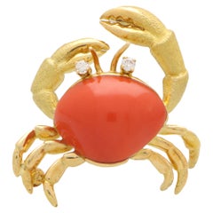 Vintage Tiffany & Co. Coral and Diamond Crab Brooch Pin Set in 18k Yellow Gold