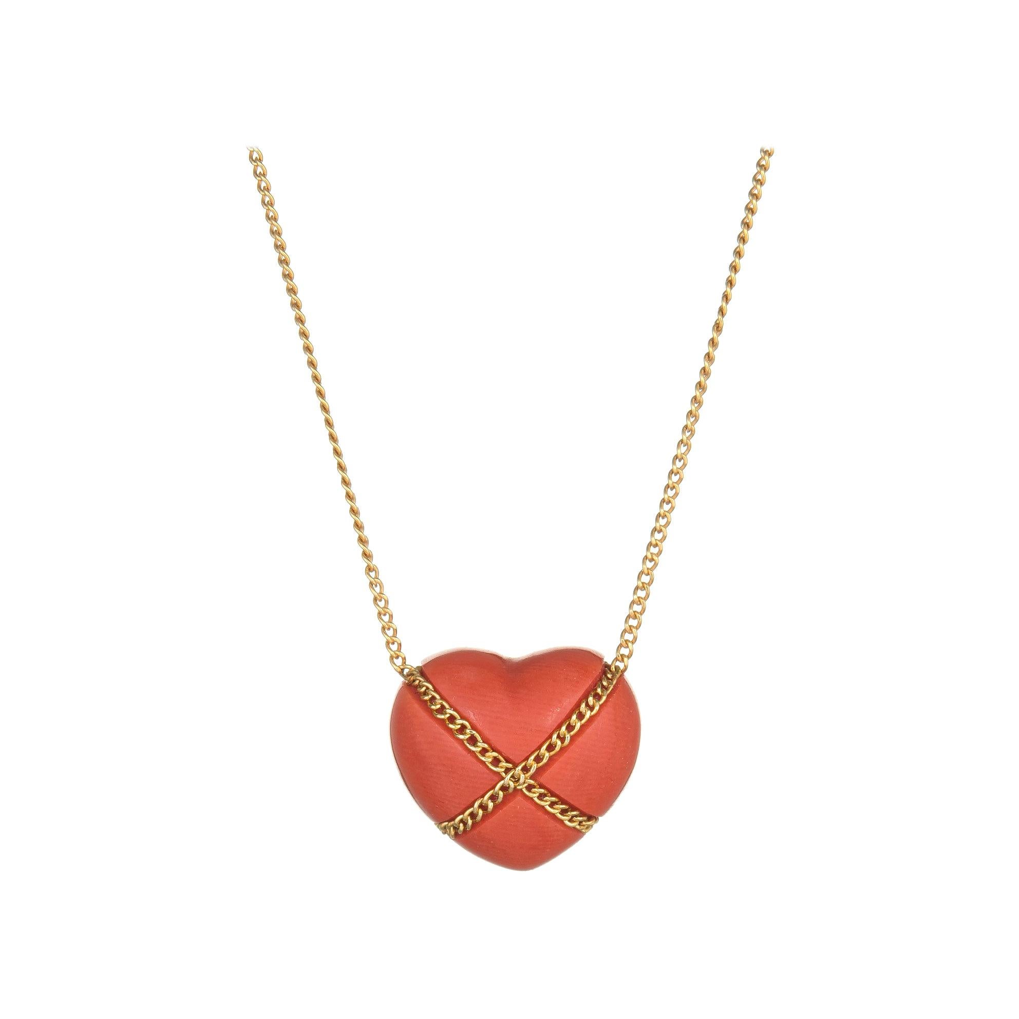 Vintage Tiffany & Co. Coral Cross My Heart Necklace 18 Karat Gold Crossover