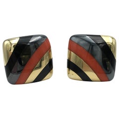 Vintage Tiffany & Co. Coral Hematite and Onyx Inlay Earrings