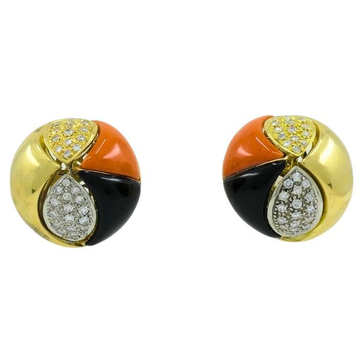 Vintage Tiffany & Co. Coral Onyx Earrings Diamond Gold Estate Jewelry