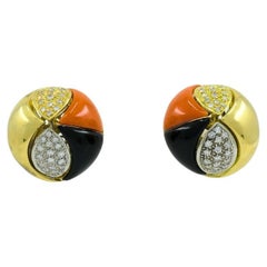 Vintage Tiffany & Co. Coral Onyx Earrings Diamond Gold Estate Jewelry