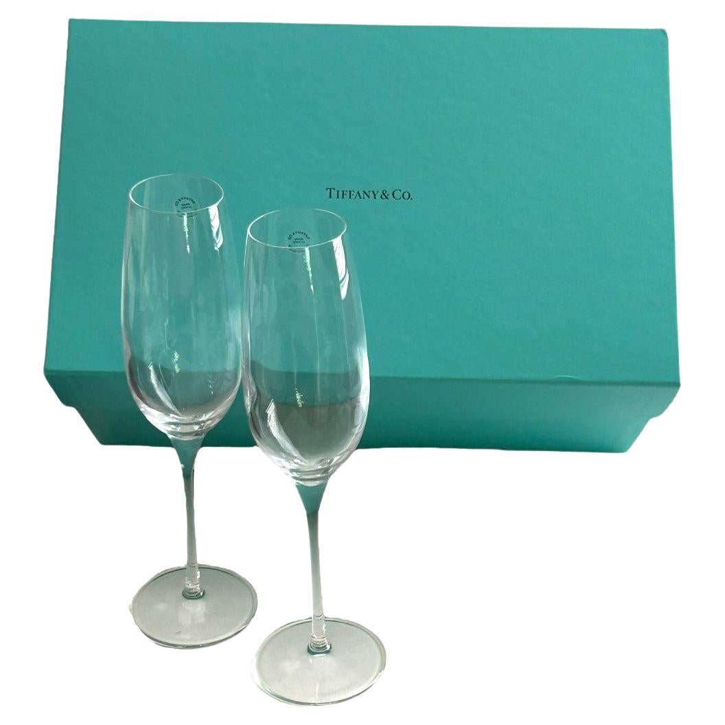 Vintage Tiffany & Co. Crystal Glass Champagne Flutes (Pair) w/ Box For Sale